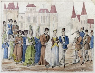 Kylän häät Kaarle V:n johdolla - Kaiverrus 1800-luvulla.