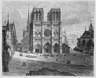 Näkymä Notre-Dame de Parisista - teoksessa ""Pariisi vuosisatojen läpi"", kirjoittanut H. Gourdon de Genouillac, toim. F. Roy, Pariisi