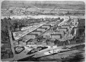 Ulkokuva Nantesissa sijaitsevasta Hotel Dieusta (Hotel-Dieu), joka vihittiin käyttöön vuonna 1863. Tämä sairaala tuhoutui lähes kokonaan pommituksissa vuonna 1943. Loire Atlantique (44). Kaiverrus ""Le Monde Illustre" -julkaisussa nro 347, 5. joulukuuta 18