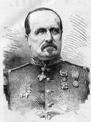 Vuoden 1870 sota: ranskalaisen sotilaan Jules Marie Ladreit de La Charrieren (1806-1870) muotokuva. Kaiverrus "" Le Monde Illustré" -julkaisussa nro 714, 17. joulukuuta 1870.