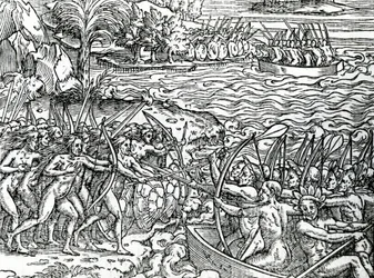 Sotakohtaus, Brasilia, kuvitus elokuvasta "Singularities of France Antarktique", kirjoittanut Andre de Thevet, 1558