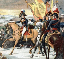 Ranskan vallankumouksen sodat: Jean Victor (Jean-Victor) Moreaun (1763-1813) voitto arkkiherttua Jeanin komentamista itävaltalaisista 3. joulukuuta 1800 Hohenlindenin taistelussa (Baviere - Saksa).