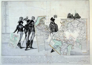Vallankumouksen sodat: Kenraali Napoleon Bonaparte (1769-1821) pitelee Italian karttaa (Italian kampanjan aikaan) täydentääkseen Ranskan valloittamien alueiden arvoitusta. Vasemmalla luultavasti kenraalit Hoche, Pichegru ja Jean Victor (Jean-