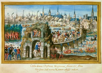 Rouenin kaupungin järjestämät vesinäytökset kuningas Henrik II:n (1519-1559) ja Katariina de Medicin (Caterina de Medici) (1519-1589) kuninkaallisen sisääntulon yhteydessä 1.10.1550. Vasemmalla olevan intiaanikylän jälleenrakennus Brasiliassa. Miniatyyri
