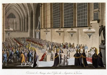 Hääseremonia (Napoleon ja Marie Louise Habsburgilainen) Augustinuskirkossa Wienissä, 2. huhtikuuta.