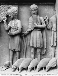 Länsiportaali, eteläovi, tympanoni, joka kuvaa Madonnaa ja lasta istumassa, Paimenten ilmestys, n. 1145-50 (yksityiskohta)