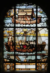 Ikkuna, joka kuvaa laivaa pyhimysten kanssa ja Nooan arkkia, 1612-22