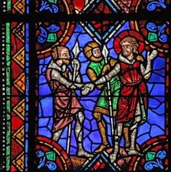 Ikkuna w06, joka kuvaa St Julian of Brioude tarinaa - Diocletianuksen vainojen aikana kuolleen Julienin ystävä St Ferreol pidätetään