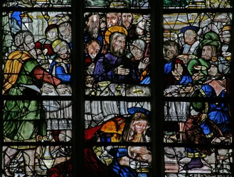 Ikkuna w9 kuvaa Simonsin talon tapahtumia: Magdalan Maria pesee Kristuksen jalkoja