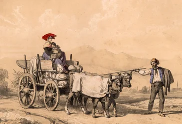 Nainen ja lapsi perinteisessä mekossa ratsastamassa kärryissä, jotka ovat täynnä säkkejä, n. 1840