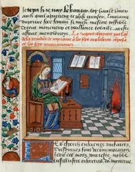 Nainen valaisemassa Catherine dAmboisen viisasten ja harkitsemattomien kirjaa, 1509