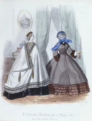 Naiset viittassa ja takissa, muotilautanen LEcho du Moniteur de la Modelta, 1856-7