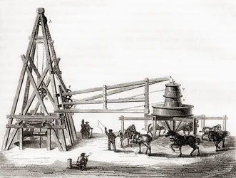 Työntekijät, jotka käyttivät karusellia ja vinssiä poraamaan arteesisia kaivoja Grenellessä, Ranskassa 1800-luvulla, julkaisusta "Les Merveilles de la Science", julkaistu n. 1870 (kaiverrus)