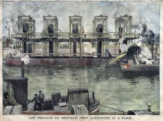 Työskentelee Pariisissa Pont Alexandre III:ssa. Kaiverrus huhtikuulta 1898 kirjassa "La petite Gironde"".