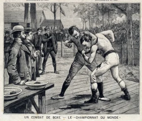 Maailmanmestaruus: nyrkkeilyottelu Jim Corbettin ja Bob Fitzsimmonsin välillä Carsonissa, Nevadassa, Yhdysvalloissa: "" The Little Parisien" -sarjassa 11.4.1897. Yksityinen kokoelma
