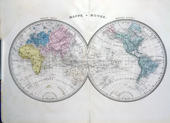 Maailmankartta, kuvitus Atlas Geographic Modernesta, Prosper-Auguste Poulain de Bossay, n. 1850