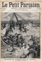 Englantilaisen panssarin "Victoria" hylky törmäyksen jälkeen Syyrian rannikolla ja uhrien pelastaminen. Yksi sanomalehdestä "Le petit Parisien" 9.7.1893 (kaiverrus)