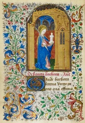 Yates Thompson 3, fol.289v Pienoiskuva St. Barbarasta kultaisen kaaren alla kantaen kämmentä ja torniaan, täydellä lehvistöreunalla, äänioikeuden alussa, julkaisusta "The Dunois Hours", n. 1440-luvulla. 1450 (vellum)