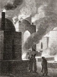 Zoroastrian tulenpalvojat tulitemppelissä Bakussa, Azerbaidžanissa, teoksesta "Les Merveilles de la Science", julkaistu noin 1870 (kaiverrus)