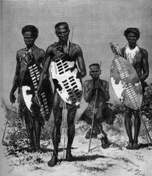 Zulu-soturit. Kaiverrus teokseen "" The Illustrous World"" nro 1146, 15. maaliskuuta 1879.