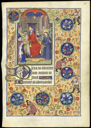f.135r Miniatyyri, jossa Pilatus pesee kätensä Jeesuksen kohtalosta Marguerite d