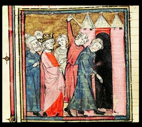 f.86v Charles Martel huolehtii kahden miehen rangaistuksesta ja karkoituksesta, Grandes Chroniques de Francesta, 1375-79