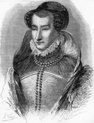 muotokuva Joan III:sta Albretista (1528 1572), kuningas Henrik IV:n äidistä ja Antoine de Bourbonin (1528-1572) vaimosta. Teoksessa "" Histoire Populaire de la France"", sd. noin 1885. Kaiverrus.