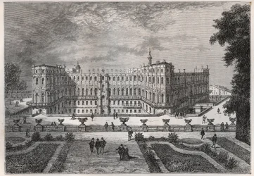 näkymä Saint-Germainin linnasta (Saint Germain) (Seine ja Oise) Henri IV:n johdolla - kaiverrus kirjasta "" Ranskan historia kerrottiin lapsenlapsilleni"" - kirjoittanut Francois Guizot - 1872-1876