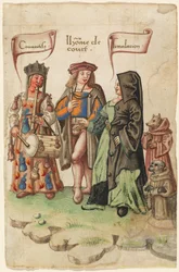 Hovimies, joka seisoo ahneuden ja harhaanjohtamisen välissä [fol. 14 recto]