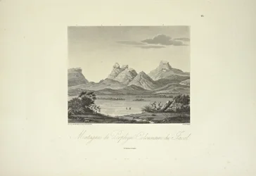 Columnar Porphyryn vuoret, Jacal, piirtänyt Marchais, kaivertanut Bouquet, kuvitus Alexander von Humboldtin ja Aime Bonplandin teoksesta "Näkymät Cordilleraille ja Amerikan alkuperäiskansojen monumenteille"