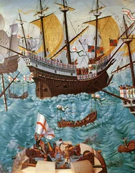 Henrik VIII:n 1491-1547 alukselle nousu Henry Grace a Dieu -aluksella vuonna 1520, kopioitu Vincent Volpin maalauksesta öljy kankaalle yksityiskohta 148771:stä