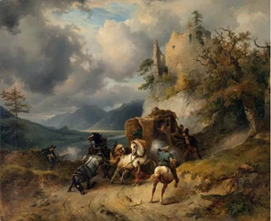 The Robbery par Gauermann, Friedrich August Matthias (1807-1862). Öljy kankaalle, koko: 60,5x74