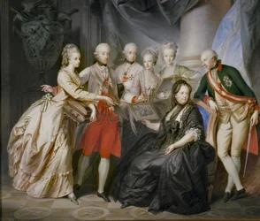 Keisarinna Maria Theresia lastensa ympäröimänä leskenruohossa miehensä, keisari Franz Stephanin kuoleman jälkeen... (maalaus kankaalle)