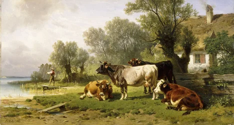 Karja pihalla joen varrella kalastajan kanssa, 1881