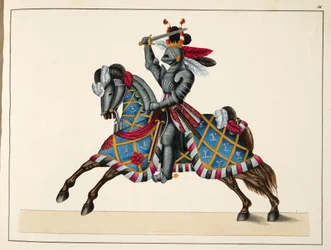 Ritari turnauksessa, lautanen tohtori Franz Kottenkampin kirjasta "A History of the Development and Customs of Chivalry", julkaisija Carl Hoffmann, 1842