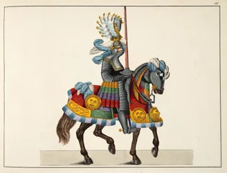 Ritari matkalla turnaukseen, lautanen tohtori Franz Kottenkampin kirjasta "A History of the Development and Customs of Chivalry", julkaisija Carl Hoffmann, 1842