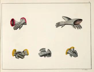 Hanskat, lautanen kirjasta "A History of the Development and Customs of Chivalry", kirjoittanut tohtori Franz Kottenkamp, julkaissut Carl Hoffmann, 1842