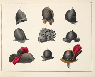 Kypärät, levy julkaisusta "A History of the Development and Customs of Chivalry", kirjoittanut tohtori Franz Kottenkamp, julkaissut Carl Hoffmann, 1842