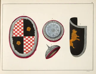 Shields, levy julkaisusta "A History of the Development and Customs of Chivalry", kirjoittanut tohtori Franz Kottenkamp, julkaissut Carl Hoffmann, 1842