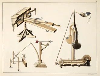 Linja-aseet, levy julkaisusta "A History of the Development and Customs of Chivalry", kirjoittanut tohtori Franz Kottenkamp, julkaissut Carl Hoffmann, 1842
