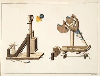 Hihna "kreikkalaisella tulella", lautanen tohtori Franz Kottenkampin teoksesta "A History of the Development and Customs of Chivalry", julkaisija Carl Hoffmann, 1842