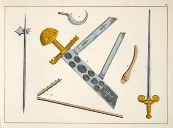 Piikkikeihä, räikkä ja dusack, lautanen kirjasta "A History of the Development and Customs of Chivalry", kirjoittanut tohtori Franz Kottenkamp, julkaisija Carl Hoffmann, 1842 Kottenkamp, julkaisija Car