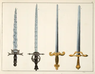 Miekat, levy julkaisusta "A History of the Development and Customs of Chivalry", kirjoittanut tohtori Franz Kottenkamp, julkaissut Carl Hoffmann, 1842