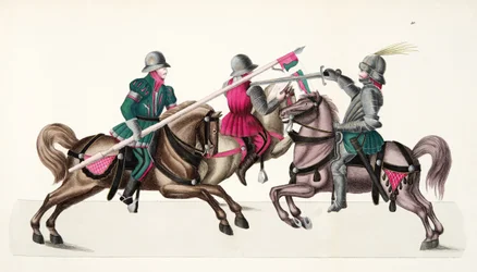 Kolme ritaria turnauksessa, lautanen tohtori Franz Kottenkampin kirjasta "A History of the Development and Customs of Chivalry", julkaisija Carl Hoffmann, 1842