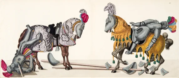 Kaksi loukkaantunutta ritaria turnauksessa, lautanen tohtori Franz Kottenkampin kirjasta "A History of the Development and Customs of Chivalry", julkaisija Carl Hoffmann, 1842