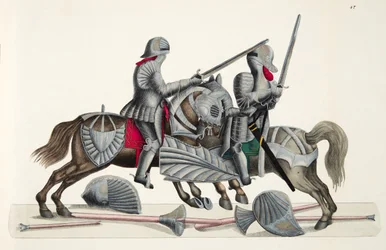 Kaksi ritaria turnajaisissa, kuva teoksesta "A History of the Development and Customs of Chivalry", kirjoittanut tohtori Franz Kottenkamp, Carl Hoffmannin kustantama, 1842.