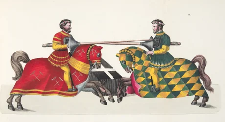 Kaksi ritaria turnauksessa, lautanen tohtori Franz Kottenkampin kirjasta "A History of the Development and Customs of Chivalry", julkaisija Carl Hoffmann, 1842