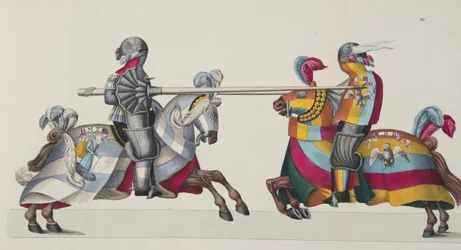 Kaksi ritaria turnauksessa, lautanen tohtori Franz Kottenkampin kirjasta "A History of the Development and Customs of Chivalry", julkaisija Carl Hoffmann, 1842