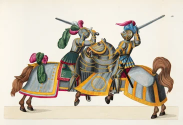 Kaksi ritaria turnauksessa, lautanen tohtori Franz Kottenkampin kirjasta "A History of the Development and Customs of Chivalry", julkaisija Carl Hoffmann, 1842