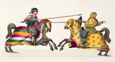 Kaksi ritaria turnauksessa, lautanen tohtori Franz Kottenkampin kirjasta "A History of the Development and Customs of Chivalry", julkaisija Carl Hoffmann, 1842